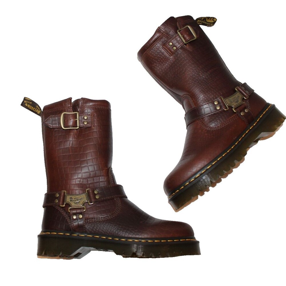 DR. MARTENS ANISTONE HI LEATHER REPTILE EMBOSSED BIKER BOOT DARK BROWN SZ 9 NWOB